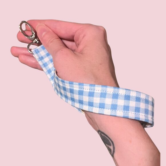 Handmade Blue Gingham Plaid & Floral Wristlet Keychain - Picture 3 of 3